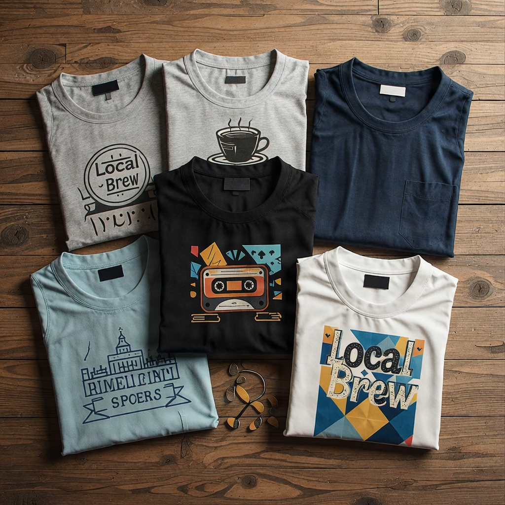 A collection of graphic tee shirts with pop culture and local humor designs.