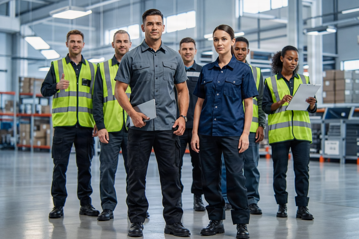 Modern workers in short sleeve button-up shirts and high-visibility safety apparel.