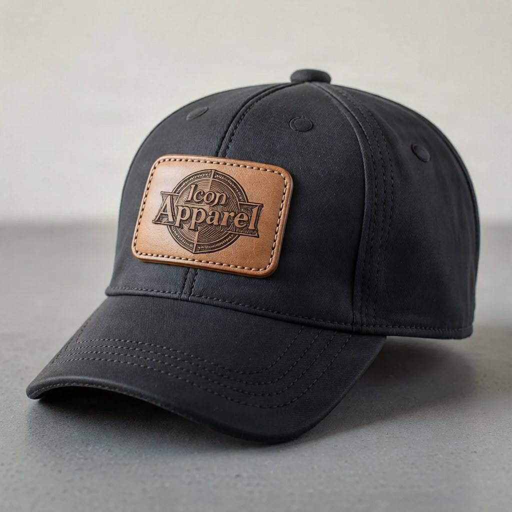 A custom Icon Apparel hat with a laser-engraved leather patch.