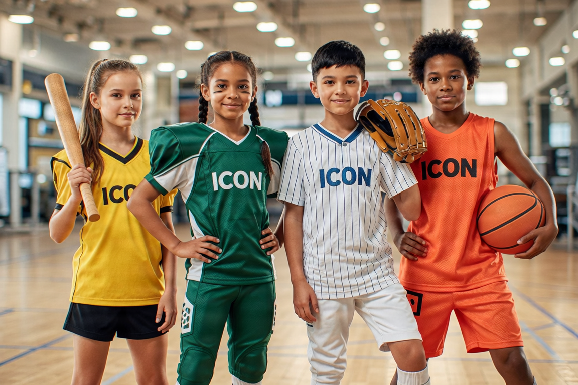 Diverse school-aged athletes in football, softball, baseball, and basketball uniforms with 'ICON' lettering.