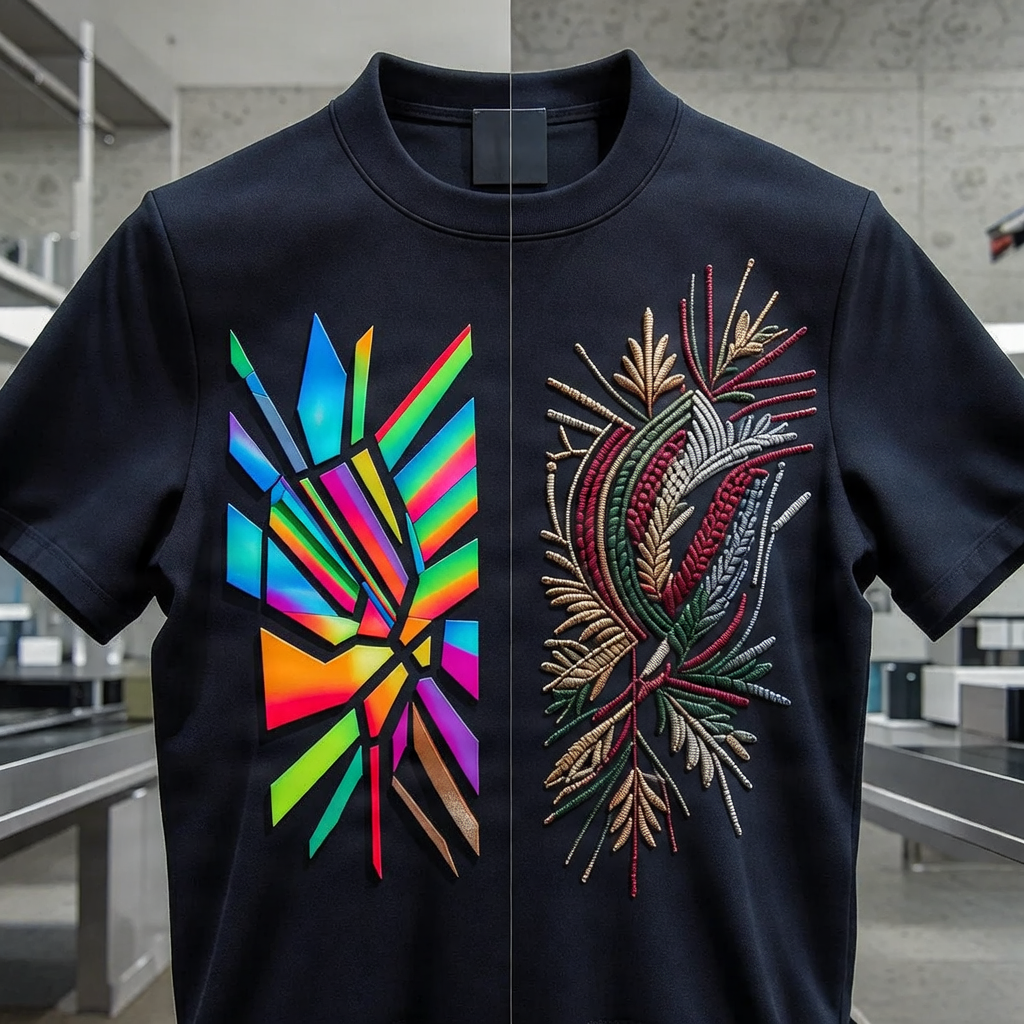 Detailed view of DTF printing and embroidery on a custom garment.